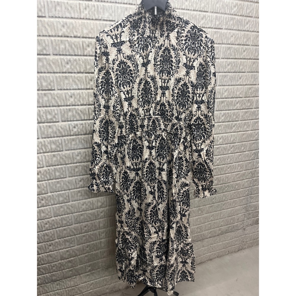 Damask Smocked High Neck Midi Dress Black Cream Ruffle Tiered XL DAA05A4H001AC